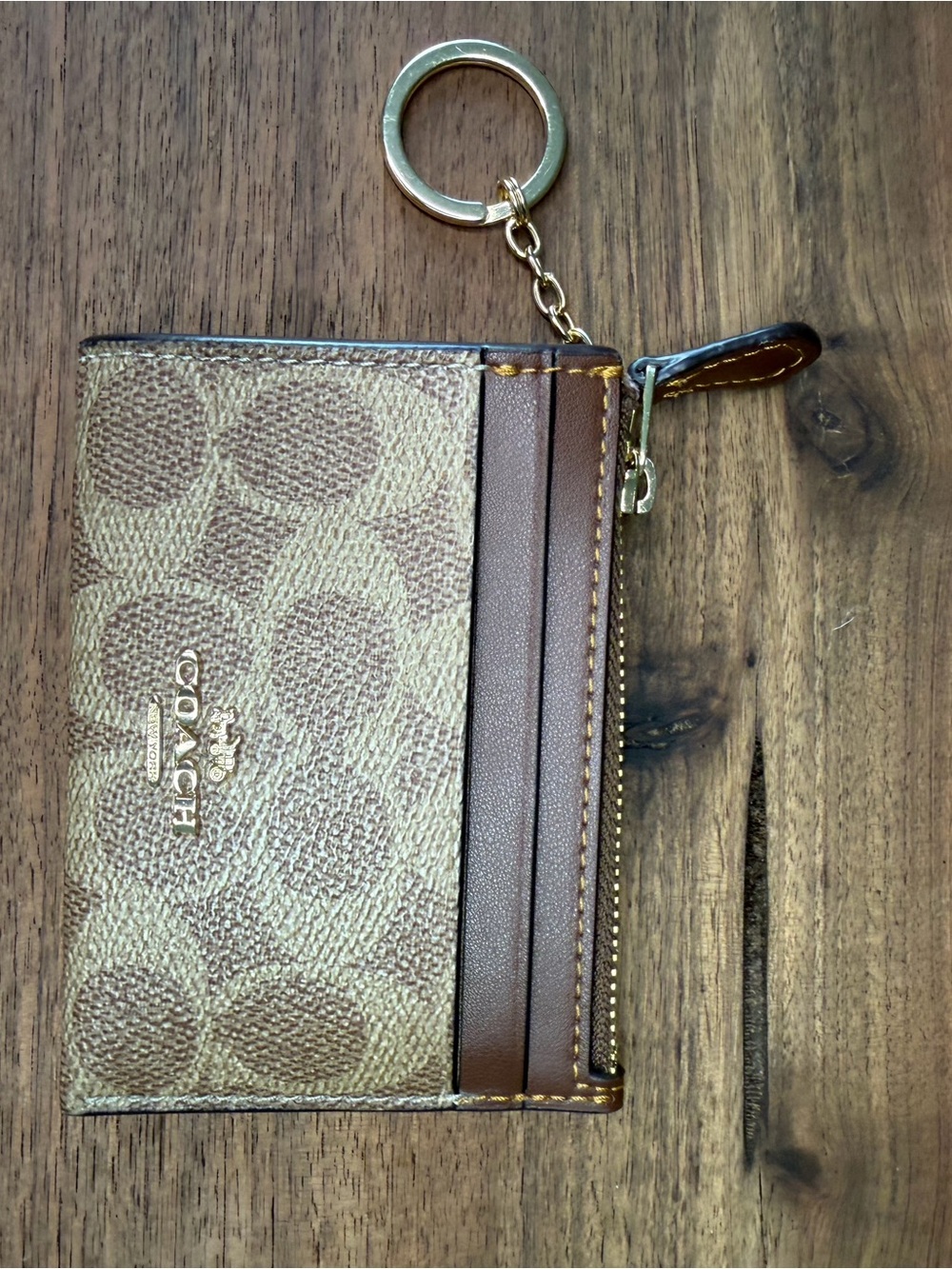 Coach Signature Canvas Mini Skinny ID Card Case Keychain Khaki Brown